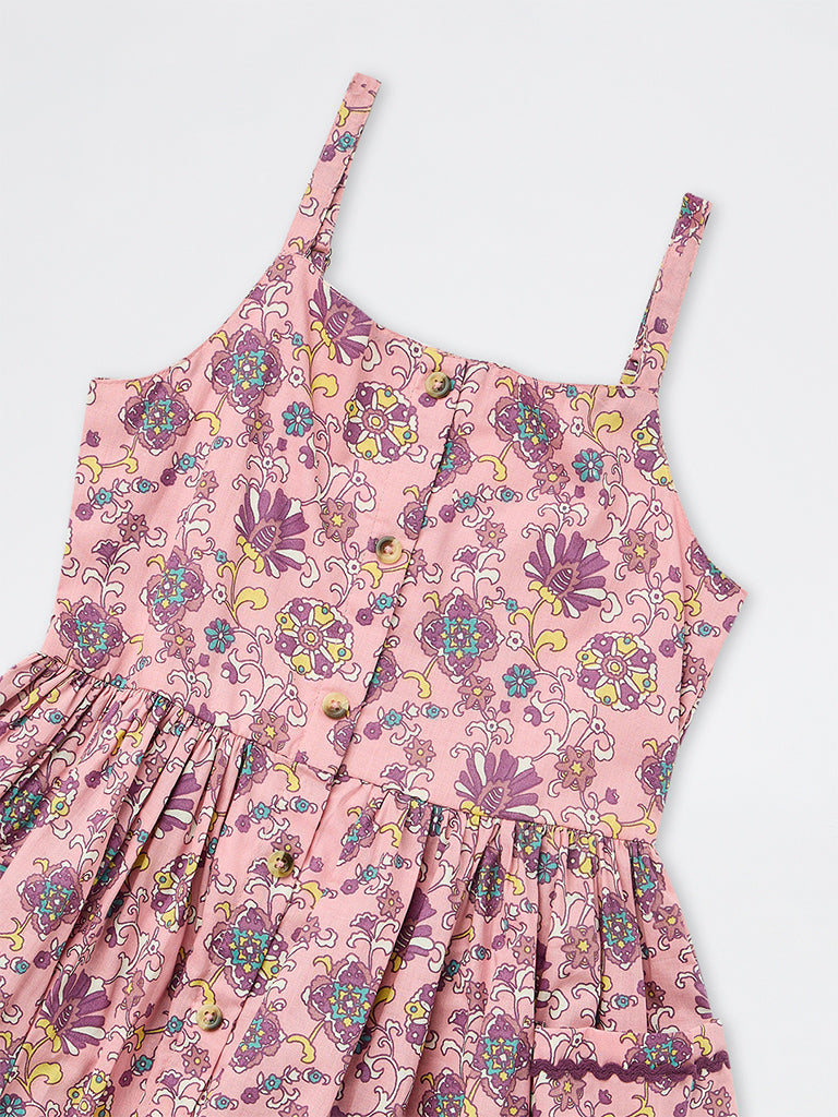 Utsa Kids Girls Pink Foliage Pattern Cotton A-Line Dress - (8-14 yrs)