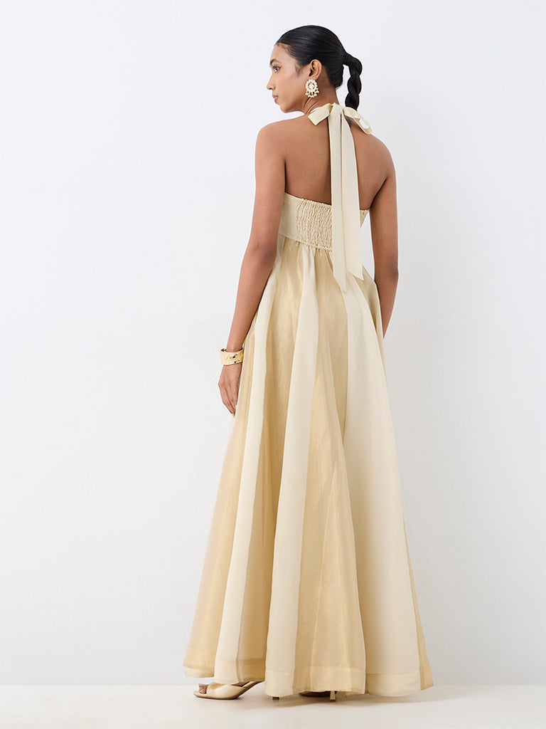 Vark Light Gold Floral Embroidered Fit-and-Flare Dress