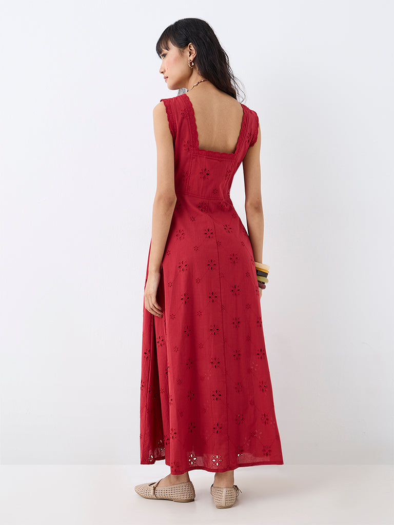Bombay Paisley Red Schiffli Embroidered A-Line Dress
