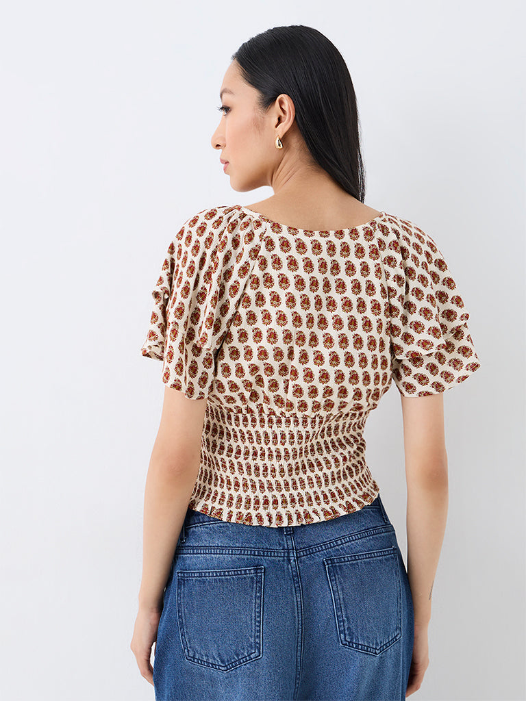 Bombay Paisley Off-White Floral Pattern Smocked Top