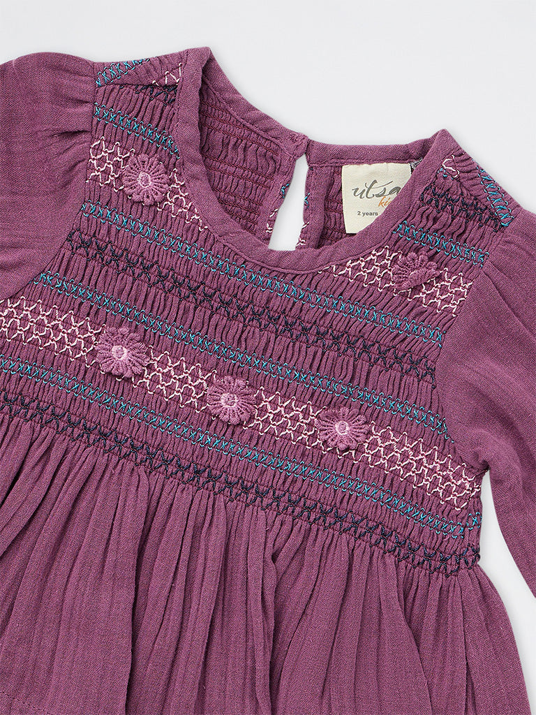 Utsa Kids Girls Purple Embroidered Cotton Peplum Top- (2-8 yrs)