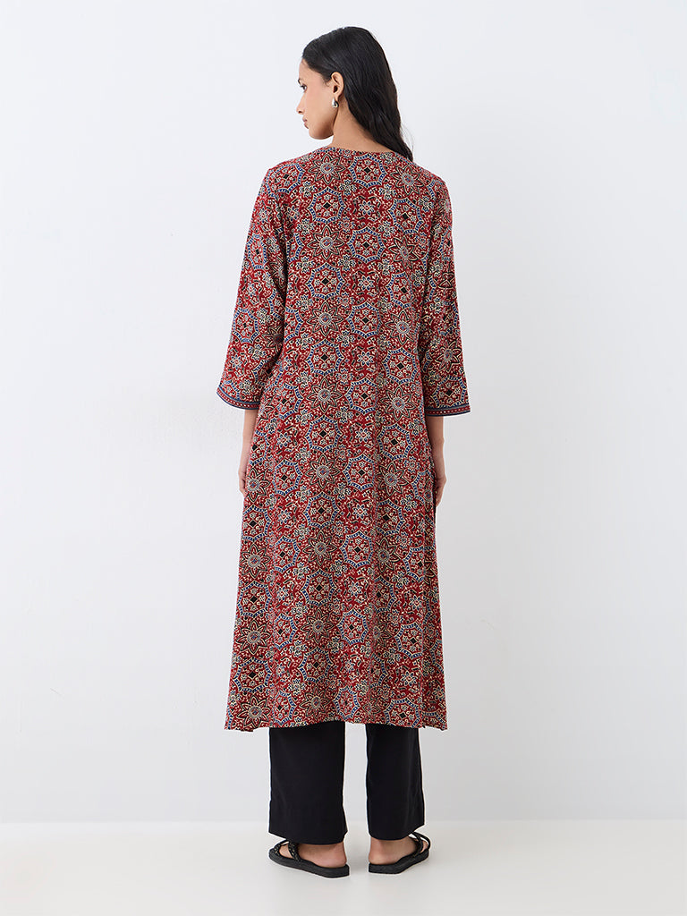 Utsa Red Floral Printed A-Line Kurta