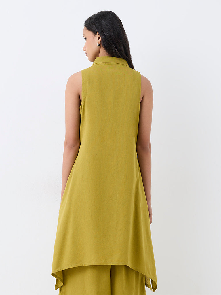 Utsa Lime Floral Embroidered Cotton-Blend High-Low Kurta
