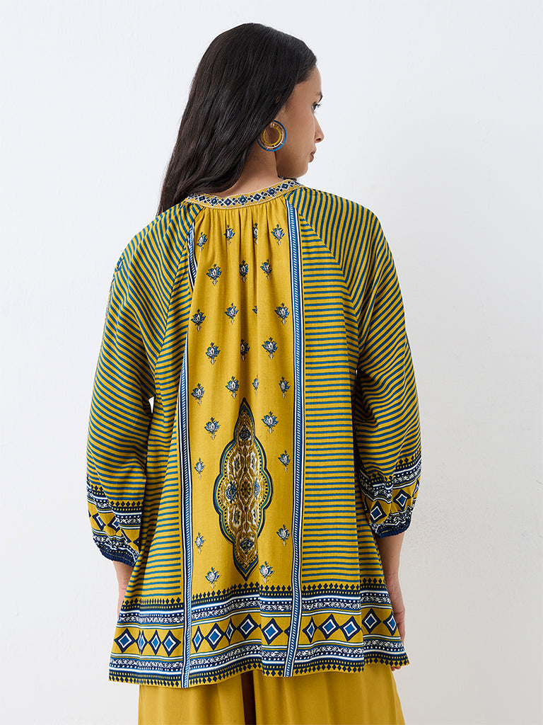 Utsa Yellow Printed Tie-Up Detail Tunic