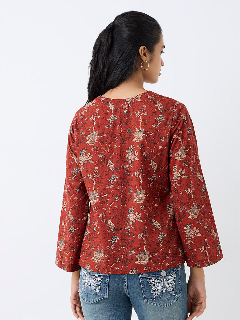 Utsa Red Floral Printed Cotton Tunic