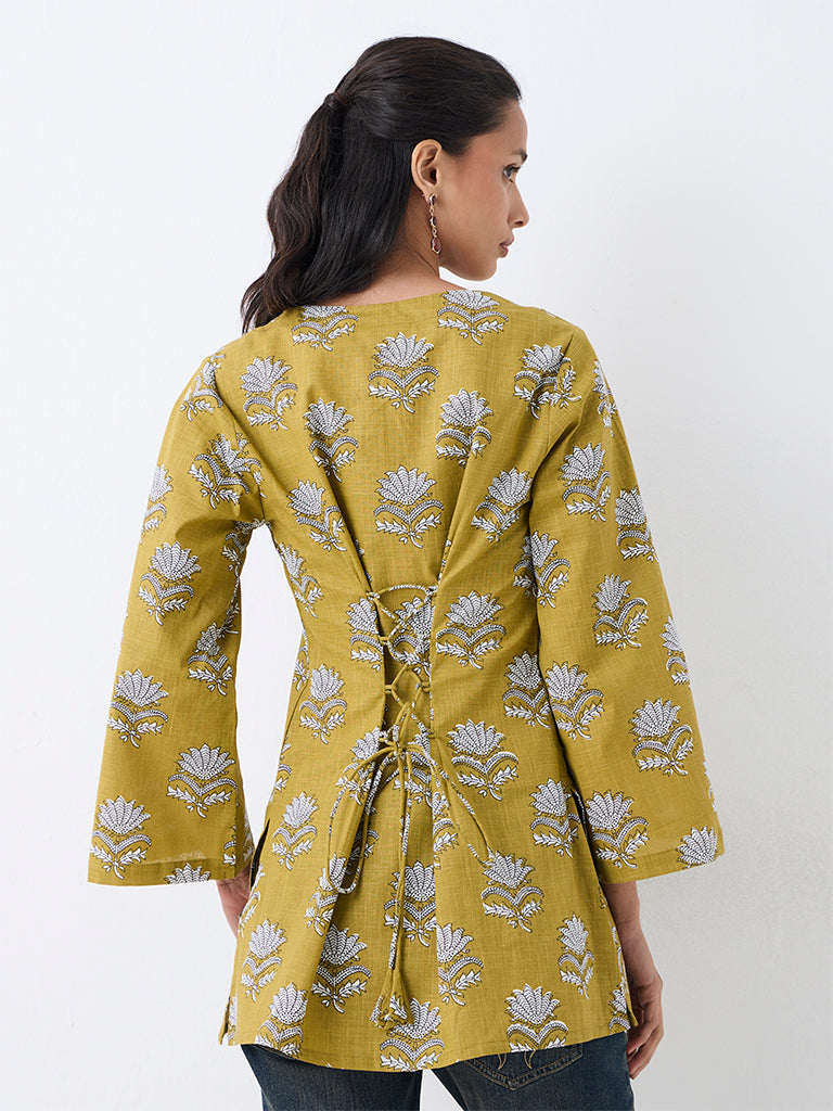 Utsa Mustard Floral Printed Cotton Kurti