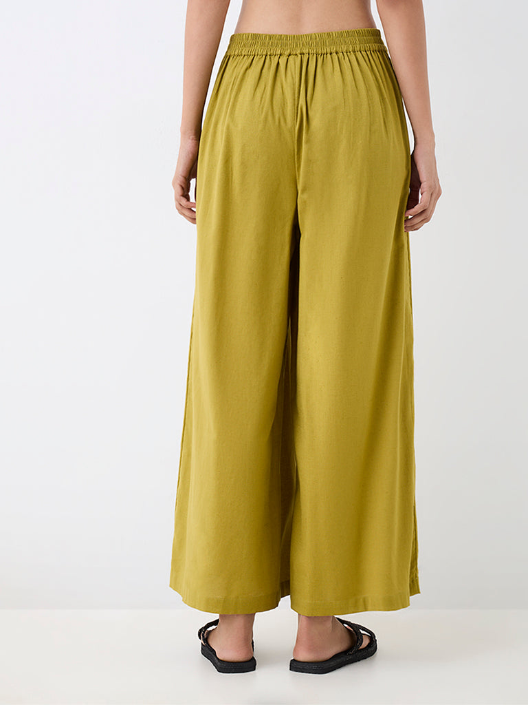Utsa Lime Solid Cotton-Blend Palazzos
