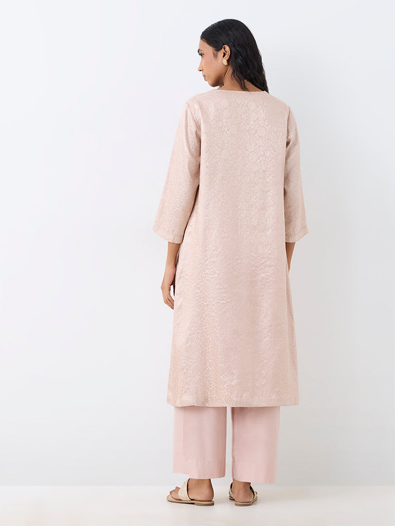Zuba Light Pink Floral Brocade A-Line Kurta