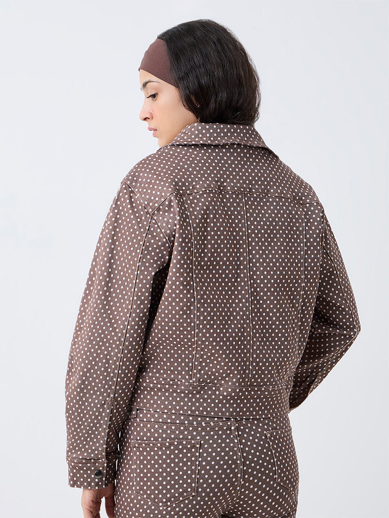 Nuon Brown Polka Dotted Denim Jacket