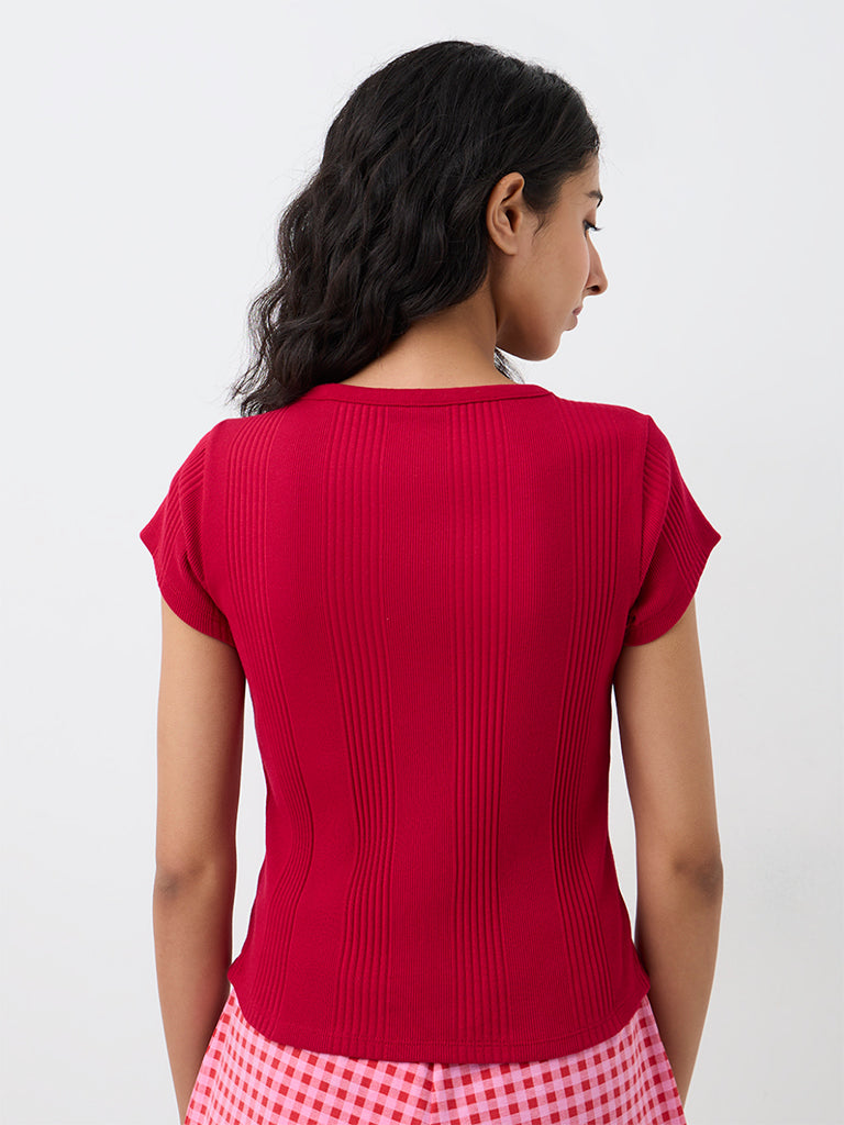 Superstar Red Ribbed Cotton-Blend Top