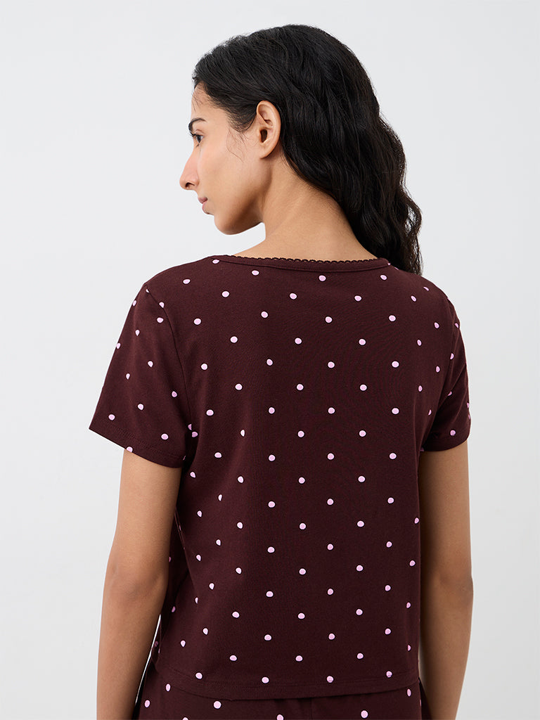Superstar Dark Brown Polka Dot Printed Cotton-Blend Top