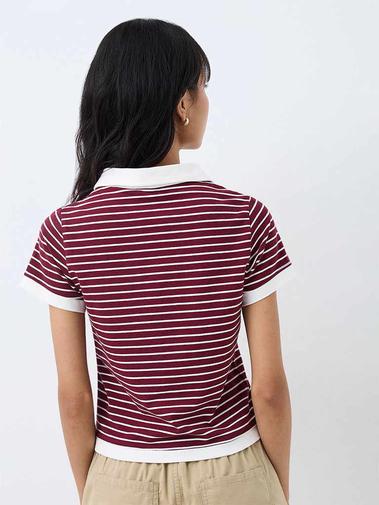 Nuon Burgundy Striped Cotton Polo T-Shirt