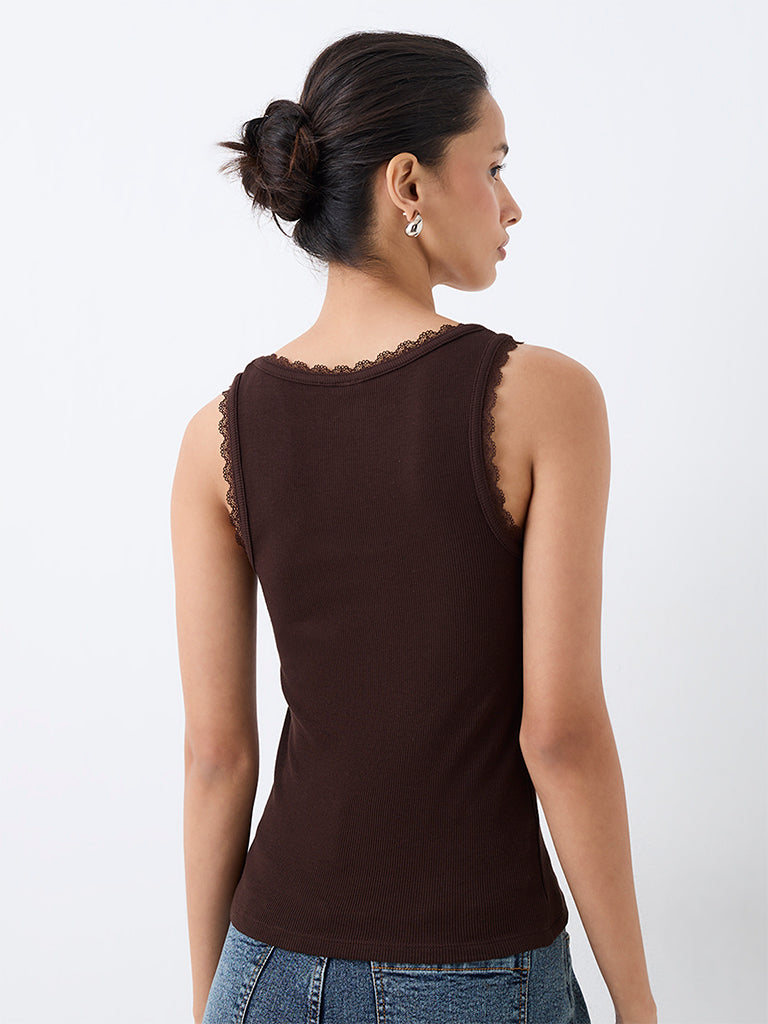 LOV Dark Brown Lace-Detail Ribbed Top