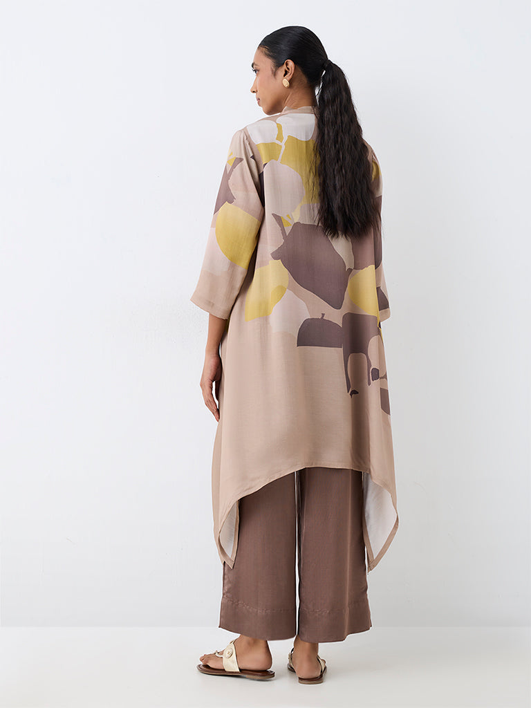 Zuba Beige Abstract Printed Asymmetrical Kurta