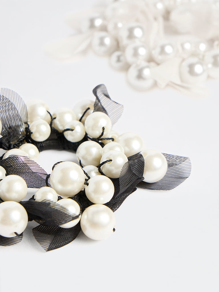 Westside Accessories Black and Ivory Pearlescent Scrunchies - Pack of 2