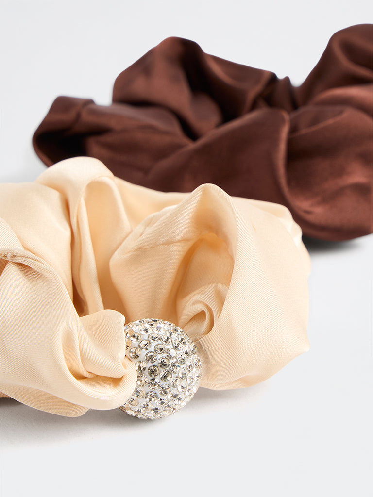 Westside Accessories Brown and Beige Rhinestone-Embellished Satin Scrunchies - Pack of 2