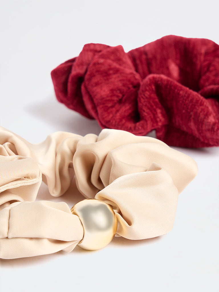 Westside Accessories Red and Beige Gold-Beaded Hair Scrunchies - Pack of 2