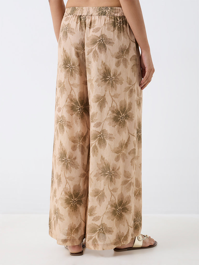 Zuba Light Beige Floral Printed Palazzos