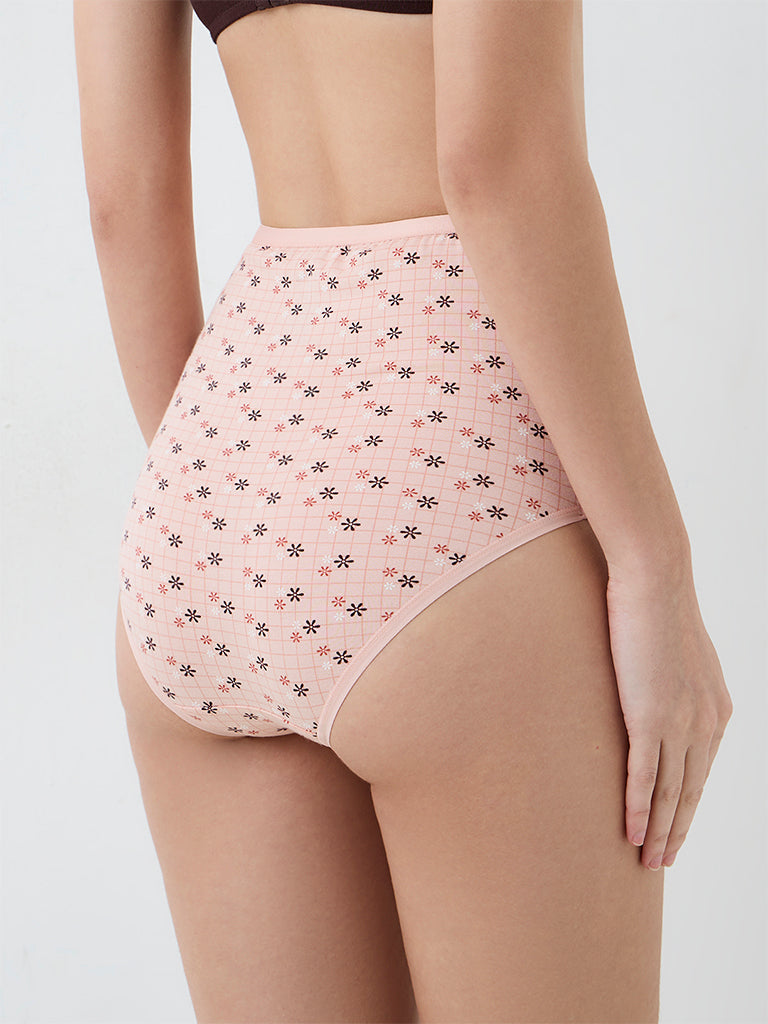 Wunderlove Peach Floral Printed Cotton-Blend Full Briefs - Pack of 3