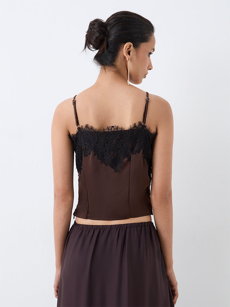 LOV Dark Brown Lace-Detailed Satin Top