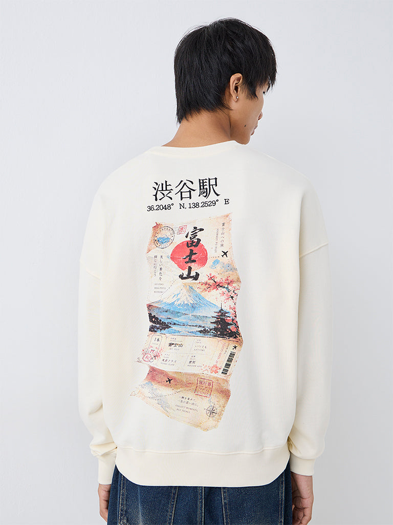 Nuon Cream Japanese-Themed Oversized-Fit Sweatshirt