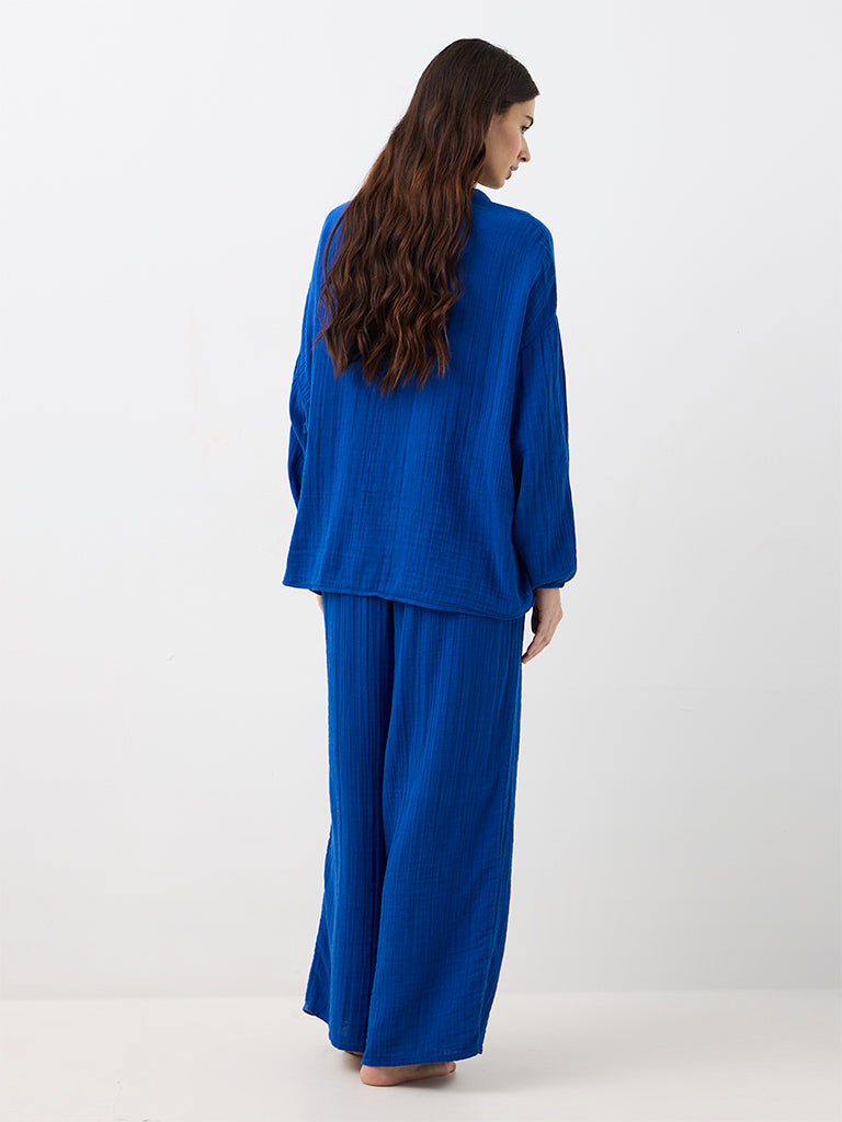 Wunderlove Blue Crinkle-Textured High-Waist Pants