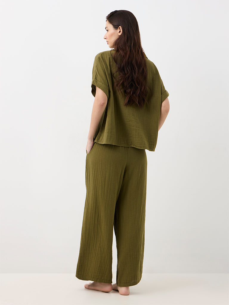 Wunderlove Olive Crinkle-Textured High-Waist Pants