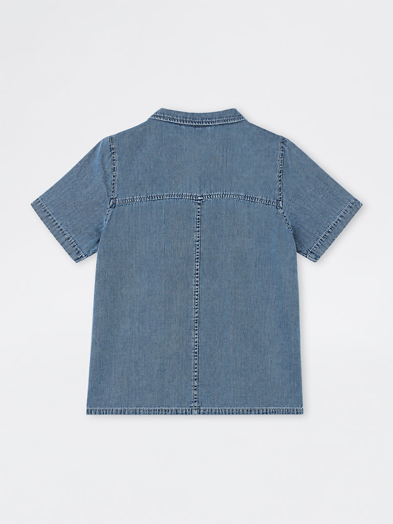 Gia Blue Washed Denim Blouse with Frog Fastening
