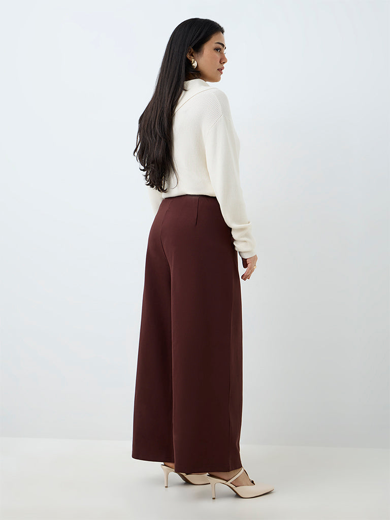 Gia Brown Button-Detail High-Rise Trousers