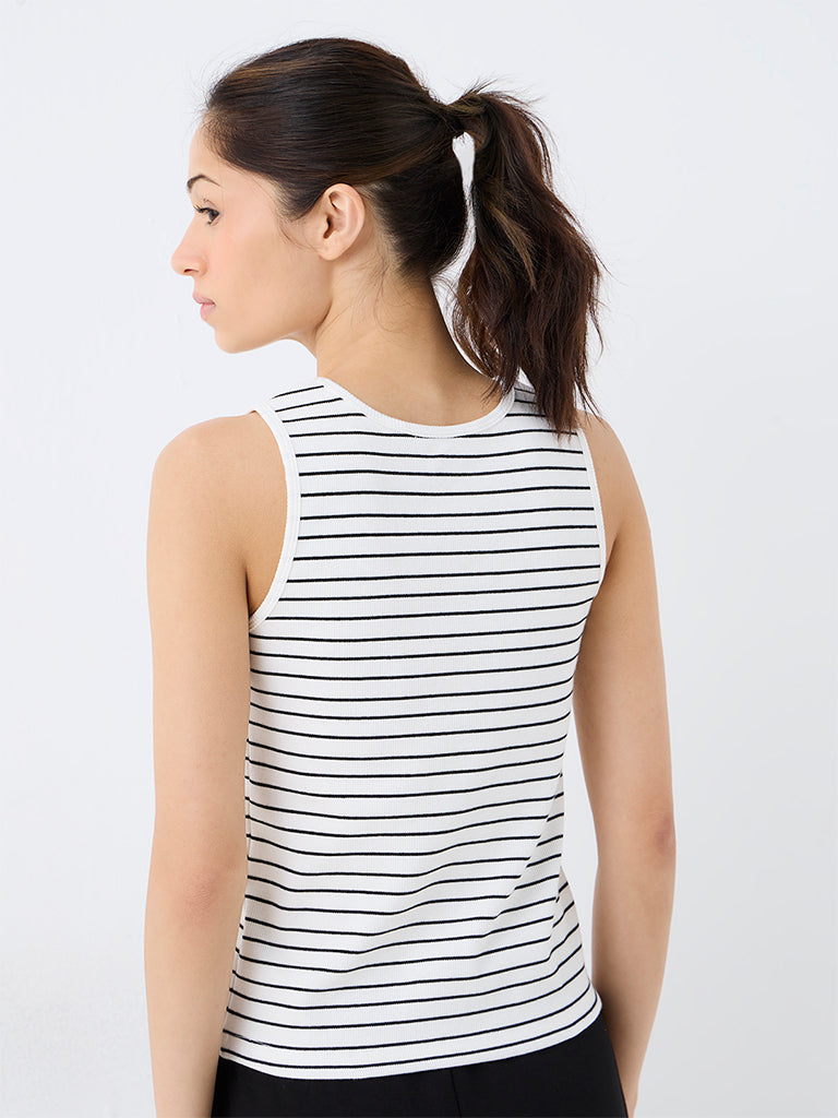 Nuoflexx White Striped Ribbed Cotton-Blend Tank Top