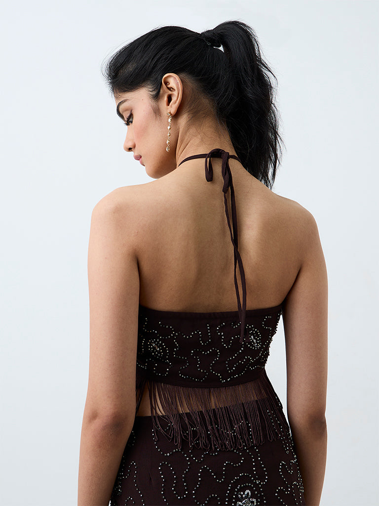 Nuon Dark Brown Embellished Tassel-Detail Top