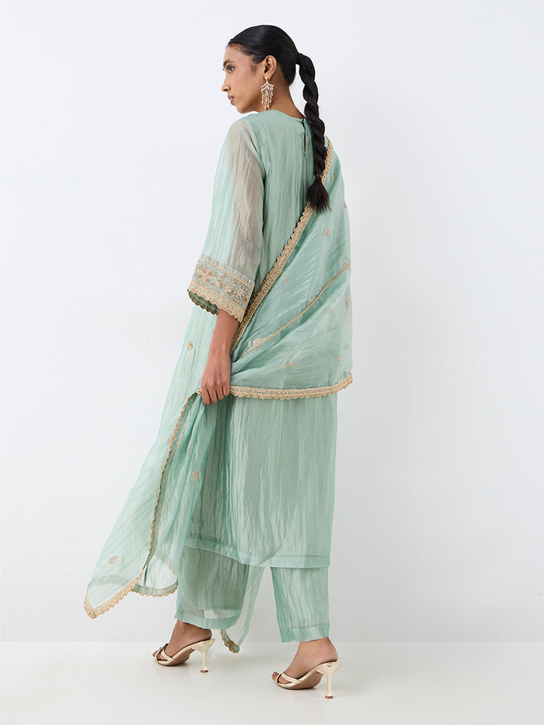 Vark Mint Floral Embroidered A-Line Ethnic Set
