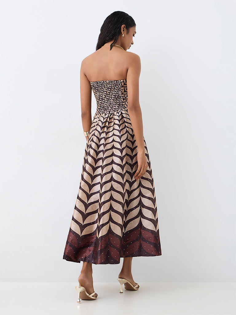 Vark Dark Brown Botanical Pattern Tube Dress