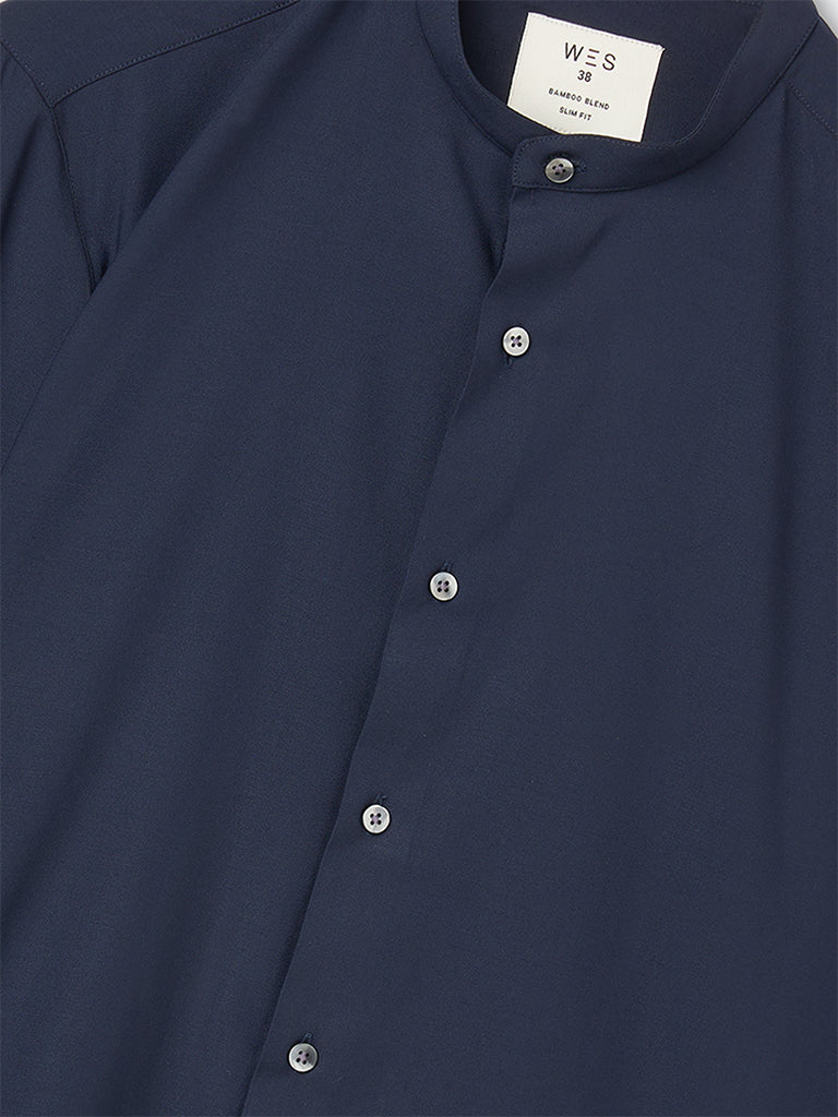 WES Formals Navy Solid Slim-Fit Shirt