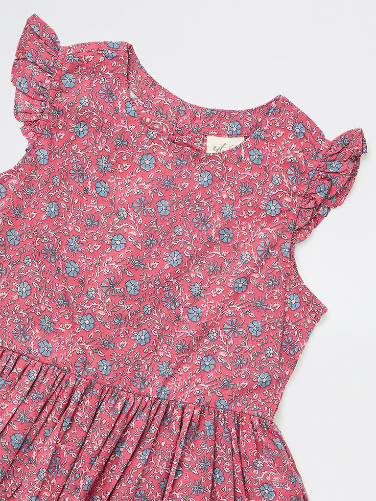 Utsa Kids Girls Dusty Pink Floral Printed Cotton Peplum Top - (8-14 yrs)