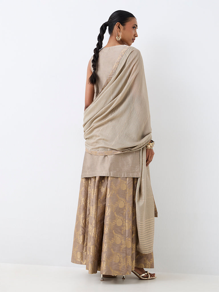 Vark Grey Floral Embroidered A-Line Kurta and Flared Skirt Set
