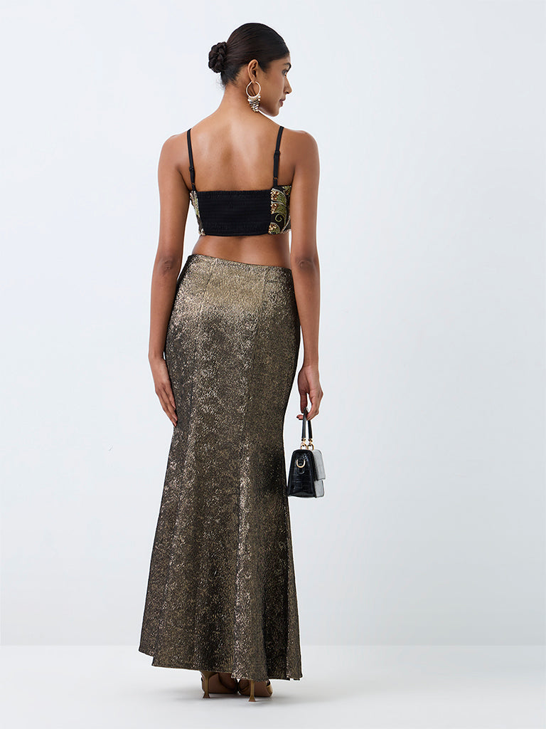 Vark Brown Metallic Jaquard Mermaid Skirt