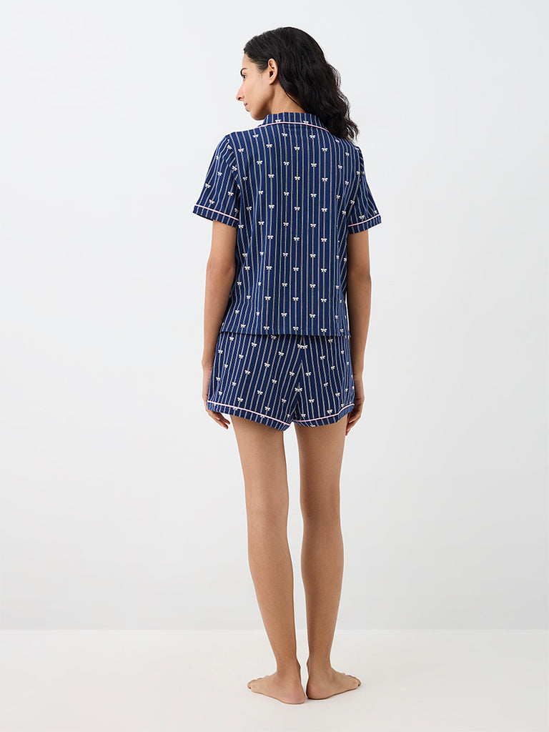 Superstar Dark Blue Bow Printed Cotton-Blend Shirt and Shorts Set