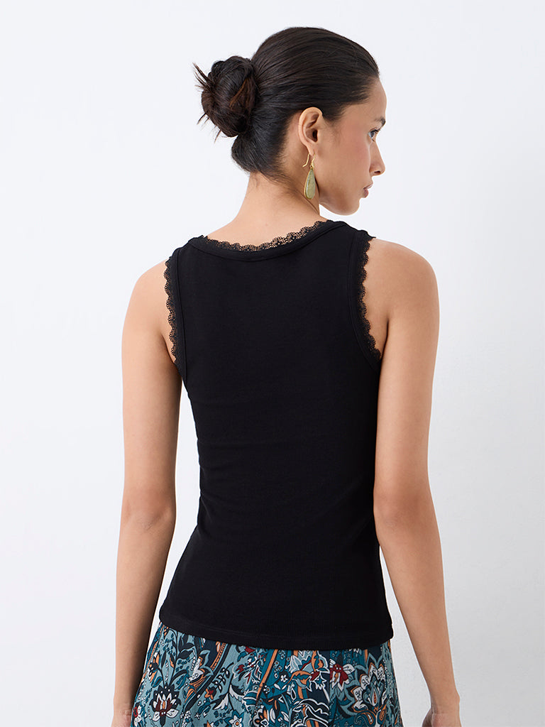 LOV Black Lace-Detail Ribbed Top