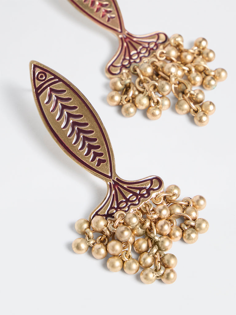 Westside Accessories Gold and Maroon Fish Design Statement Earrings