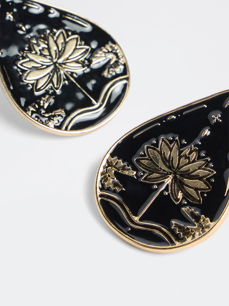 Westside Accessories Gold and Black Floral Enamel Stud Earrings