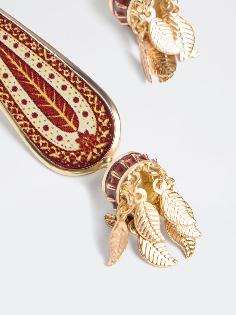 Westside Accessories Gold and Maroon Printed Statement Jhumki Earrings