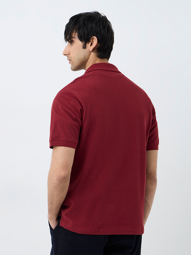 WES Casuals Red Embroidered Relaxed-Fit Polo T-Shirt