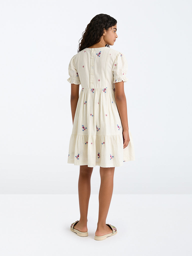 Utsa Kids Girls Off-White Floral Embroidered Cotton-Blend Fit-and-Flare Dress - (8-14 yrs)