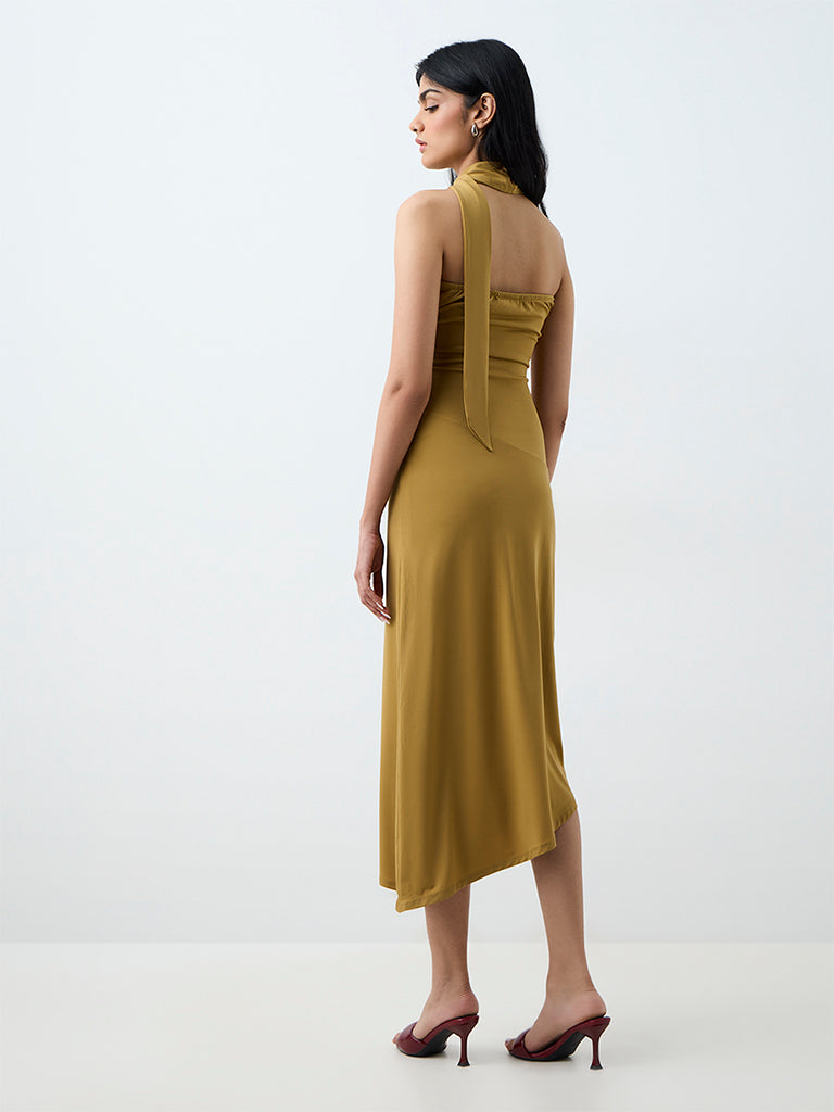 Nuon Mustard Solid A-Line Dress with Scarf