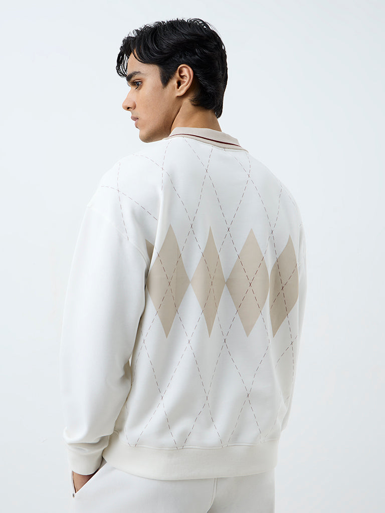 Nuoflexx Off-White Argyle Printed Relaxed-Fit Cotton-Blend Sweatshirt