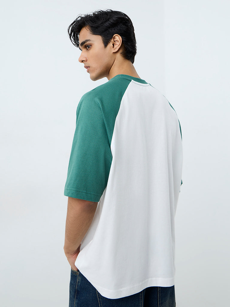 Nuon Green Colour-Blocked Relaxed-Fit Cotton T-Shirt