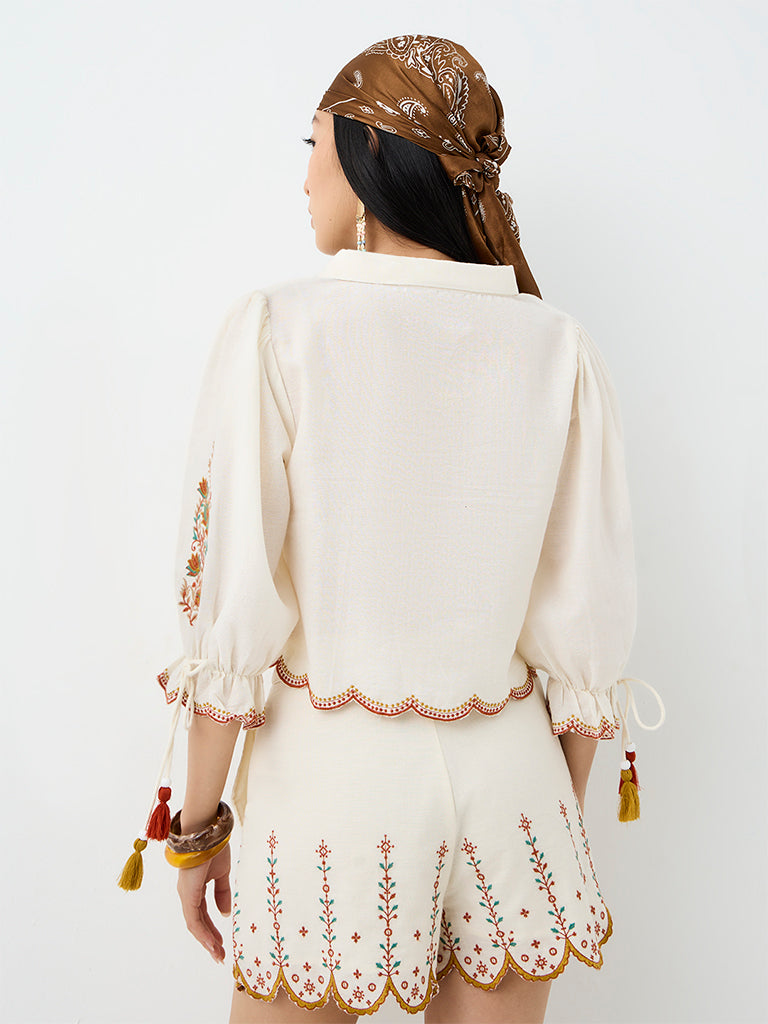 Bombay Paisley Off-White Floral Embroidered Cotton Blouse