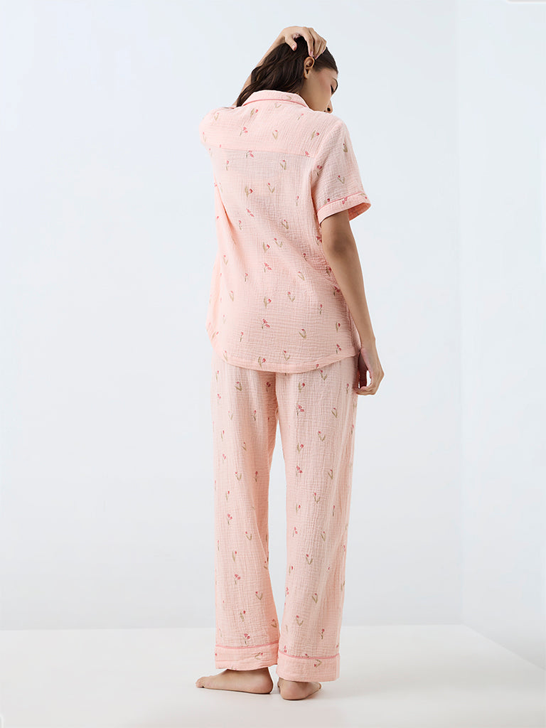 Wunderlove Peach Floral Design Shirt and Pyjama Sets