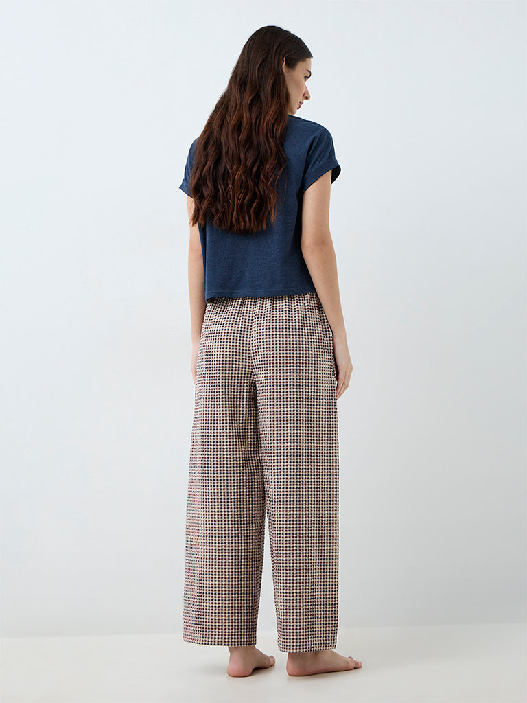 Wunderlove Brown Gingham Checkered High-Rise Cotton Pants